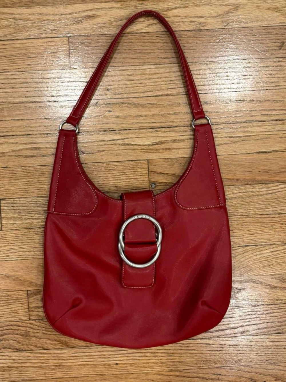 Guess Red Shoulder Hobo Bag with Silver Ring Detail